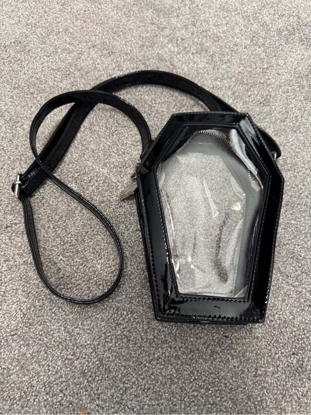Foxblood Clear Black Patent Coffin Charm Crossbody Bag Backpack Purse - Picture 3 of 5